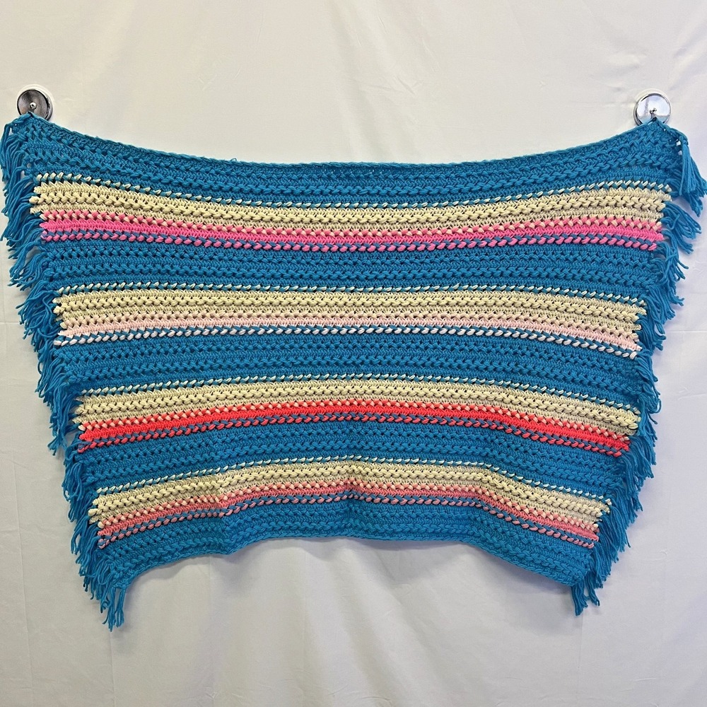 Vtg Afghan Crochet Blanket Handmade Fringed Throw 50x29 Baby Blue Pink Cream